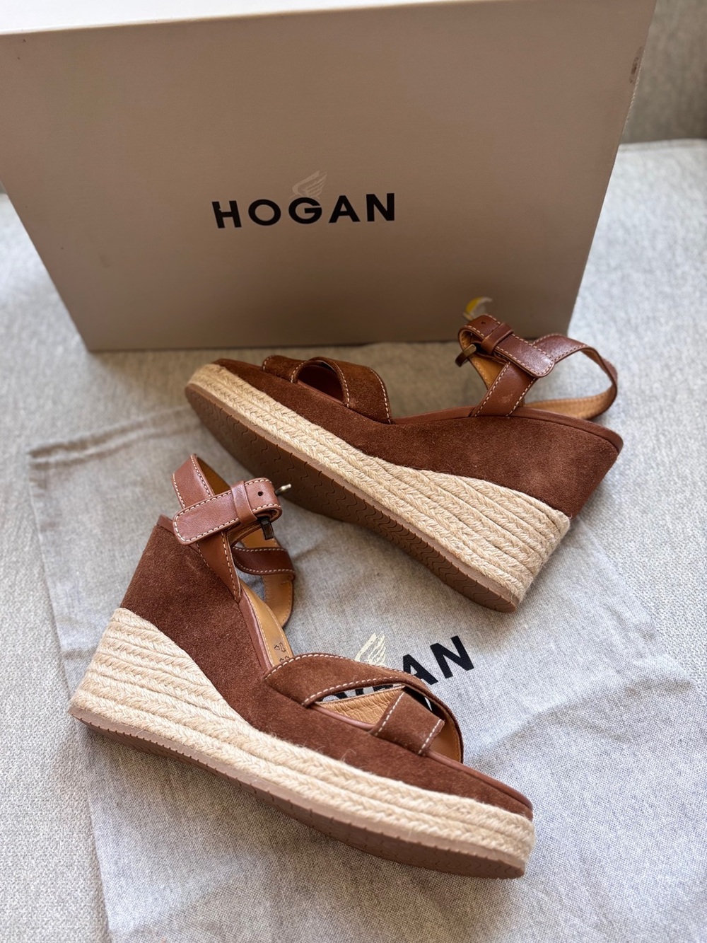 Hogan Block Bebe Brown Suede Platform Espadrille Wedge Sandals EU 39 / US 9